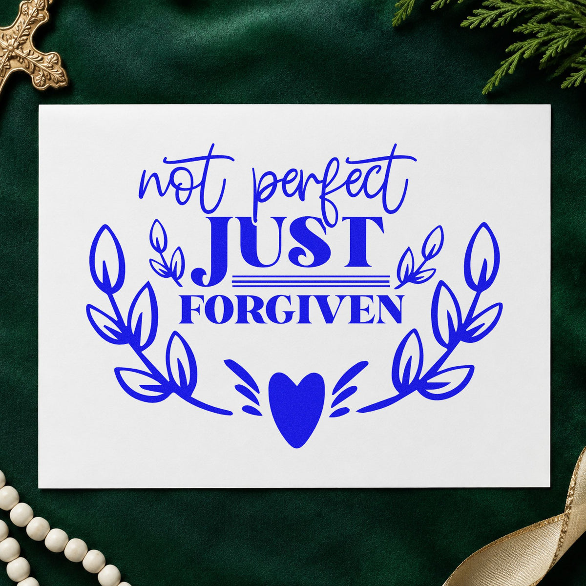 Not Perfect Just Forgiven Wreath craft stamp in blue ink on cardstock, an easy option for canvas totes.