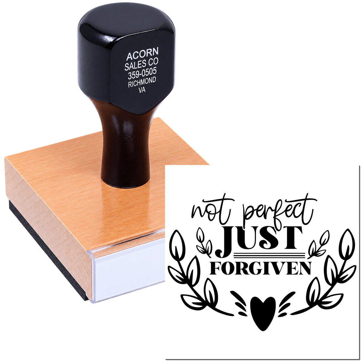 Custom rubber stamp with Not Perfect, Just Forgiven Christian inspirational design for cards and crafts.