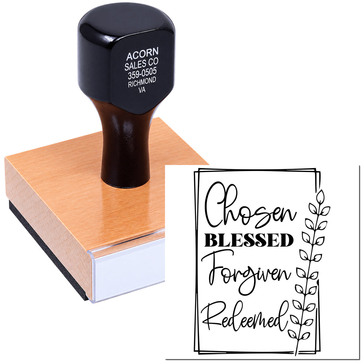 Christian rubber stamp with Chosen Blessed Forgiven Redeemed design for faith-based crafts and Bible journaling.