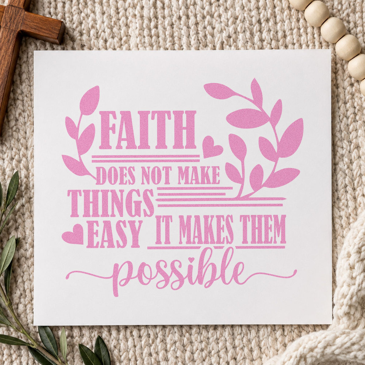 Faith Makes Possible Leaves craft stamp in purple ink on cardstock, an easy option for physical therapy gifts.