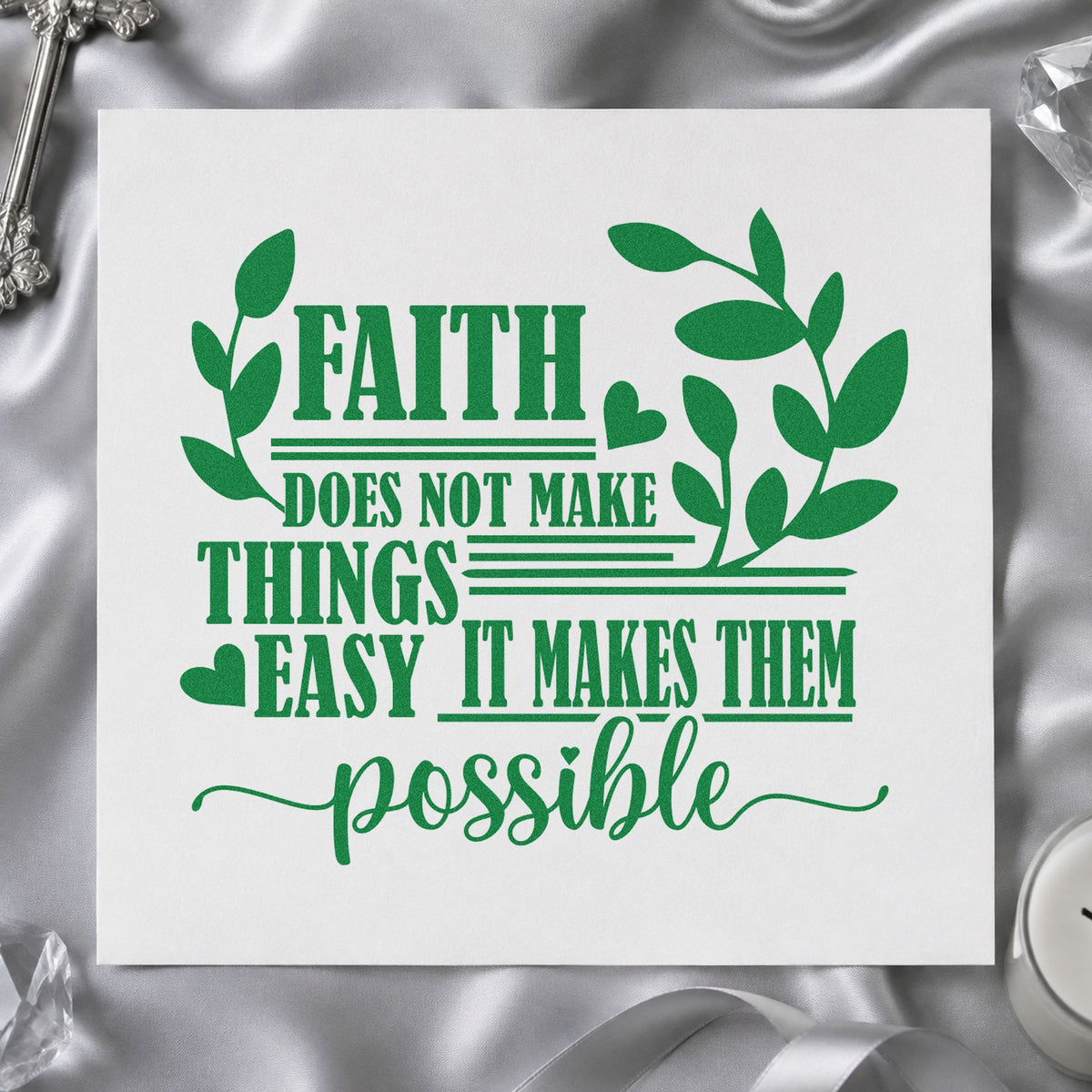 Faith Makes Possible Leaves craft stamp imprint in green ink on a handmade project, one idea being military spouse notes.