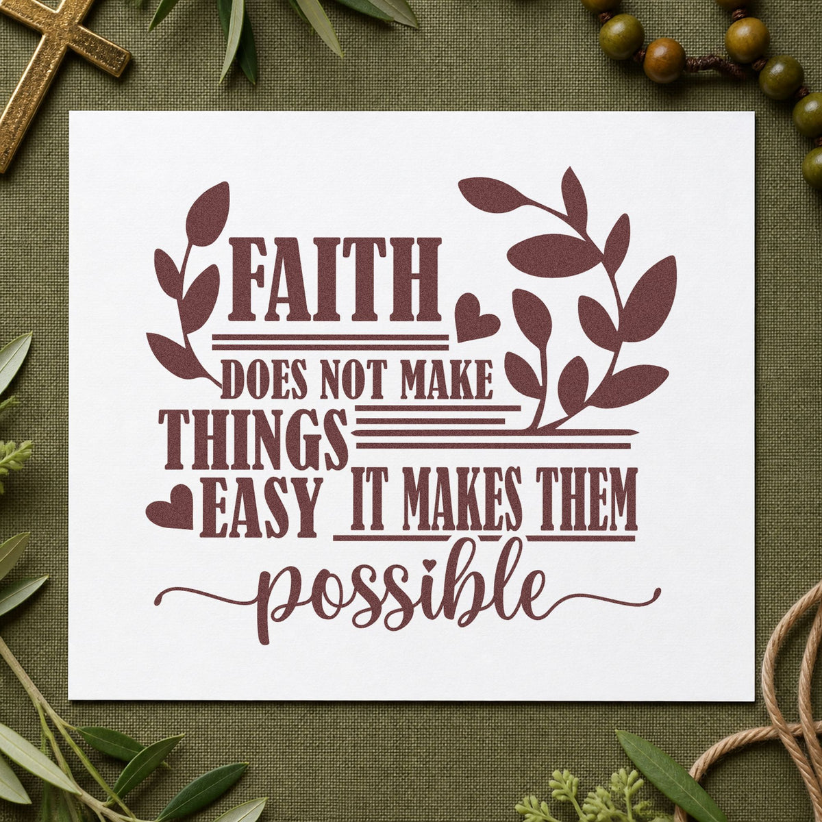 Faith Makes Possible Leaves rubber stamp printed in brown ink, ready for comeback pages and similar paper crafts.