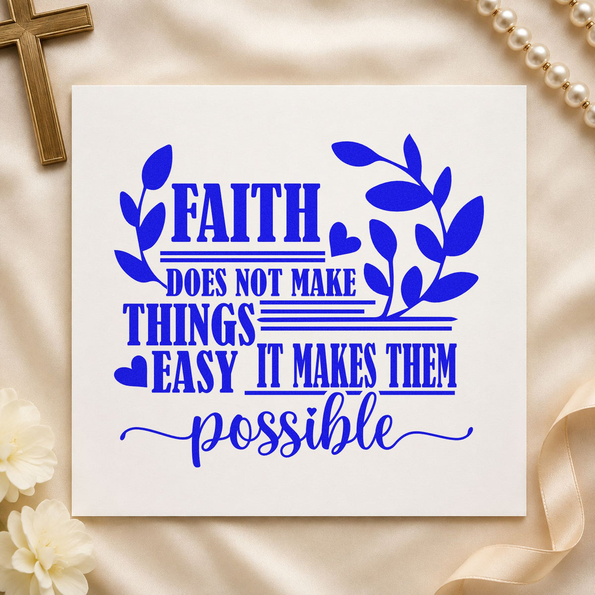 Faith Makes Possible Leaves craft stamp in blue ink on cardstock, an easy option for canvas totes.