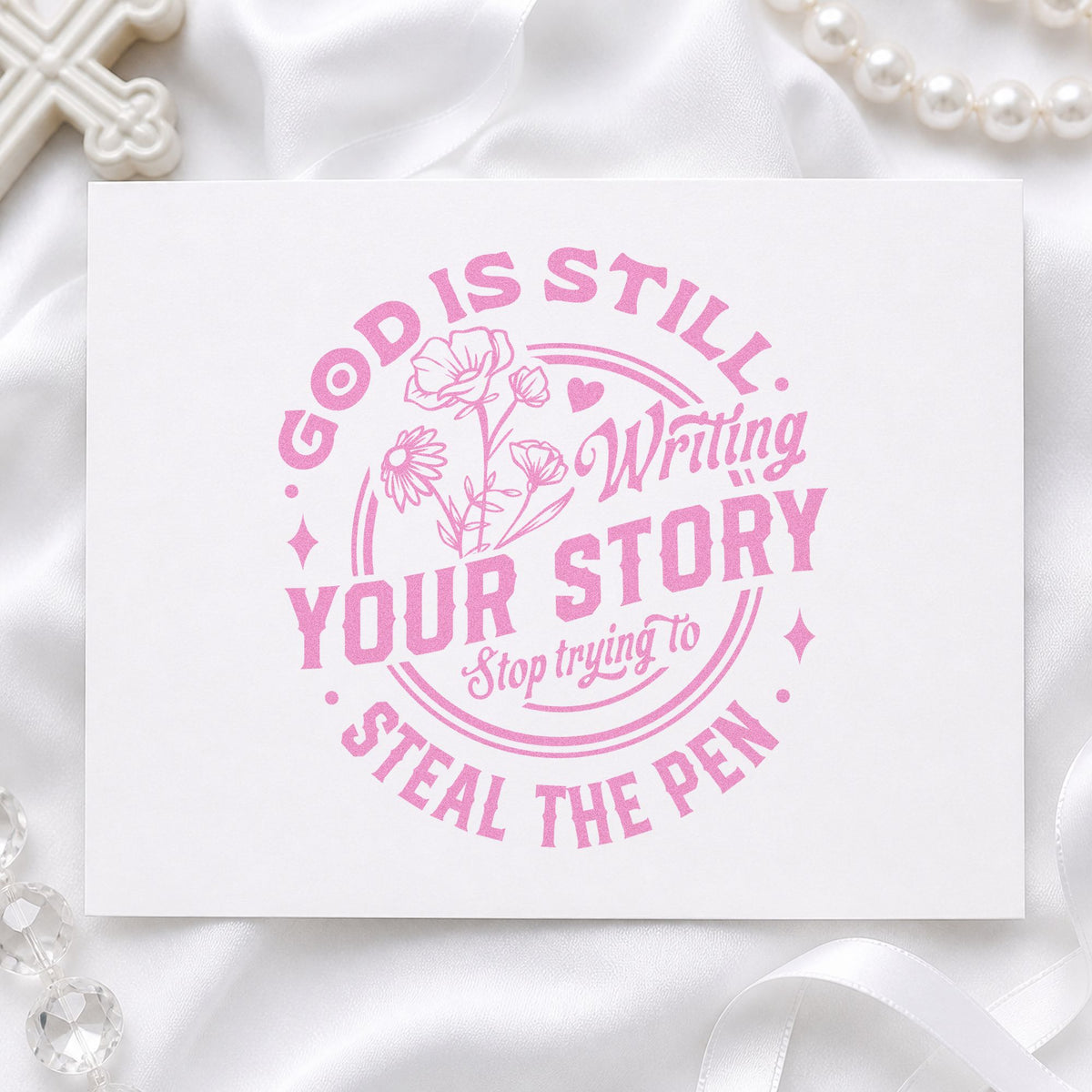 God Is Writing Your Story Flowers craft stamp in purple ink on cardstock, an easy option for author gift tags.