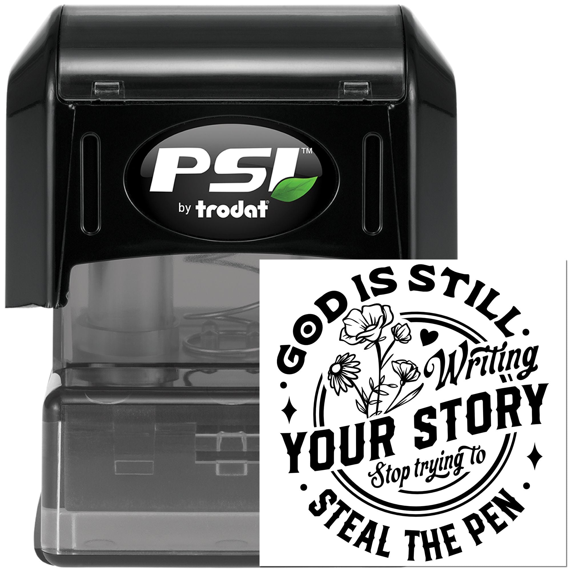 PSI by Trodat self-inking rubber stamp with floral inspirational quote, ideal for faith-based custom stamping and crafting.