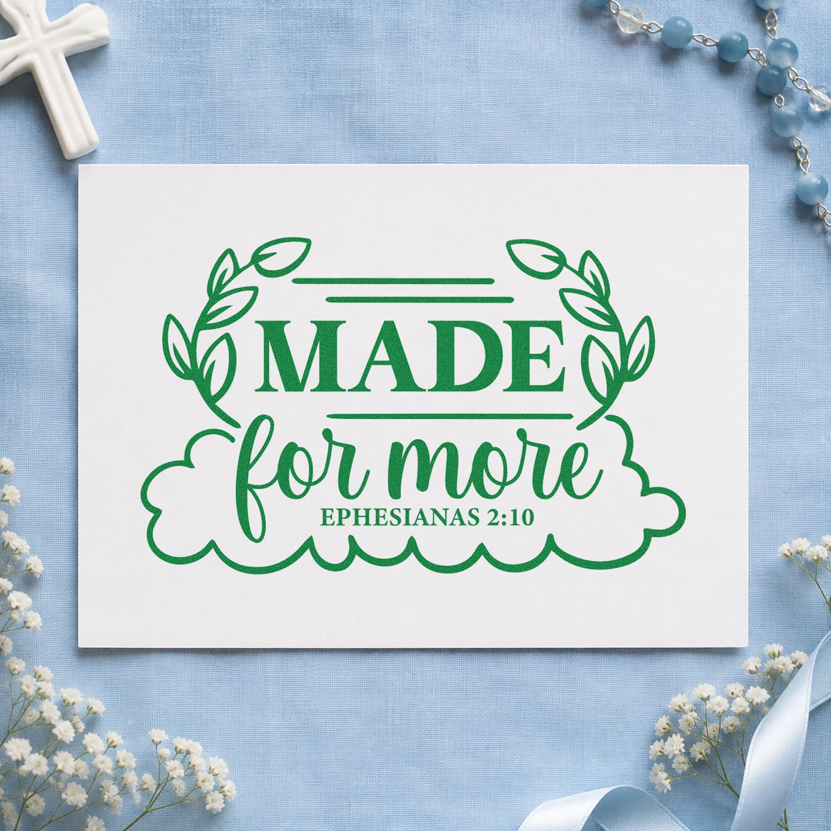 Made for More Leaf Frame craft stamp imprint in green ink on a handmade project, one idea being promotion gift tags.