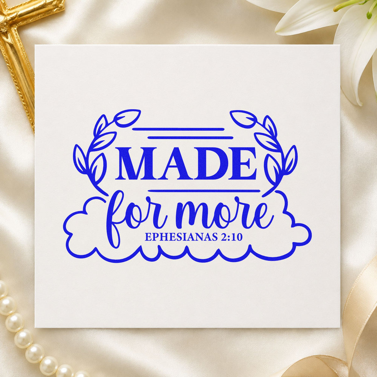 Made for More Leaf Frame craft stamp imprinted in blue ink on paper, a design suited to youth retreat tees.