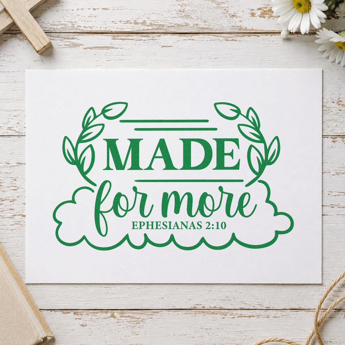 Made for More Leaf Frame craft stamp imprint in green ink on a handmade project, one idea being framed desk art.