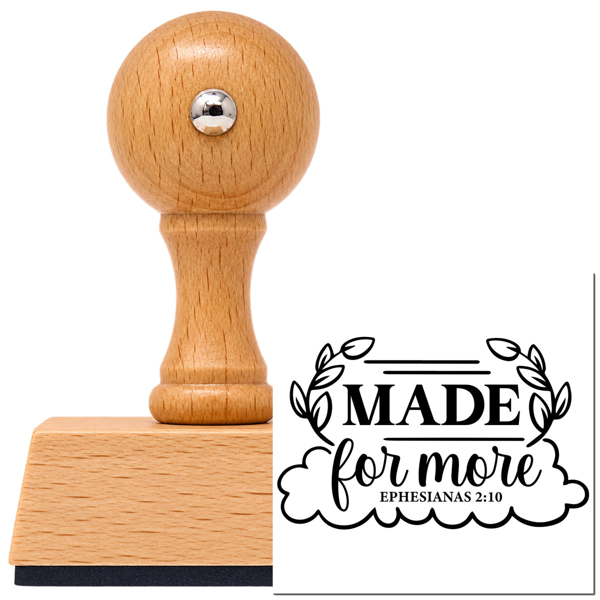 Made For More Leaf Frame Vintage Pro rubber stamp in European beech wood with a round knob handle, shown beside its black imprint.