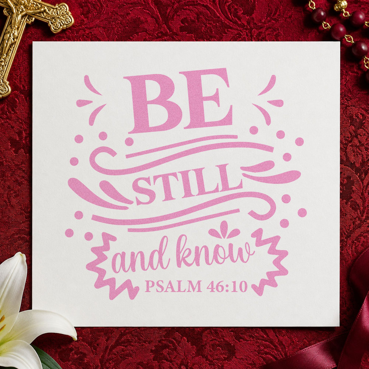 Be Still and Know Flourishes craft stamp in purple ink on cardstock, an easy option for sabbath dinner cards.