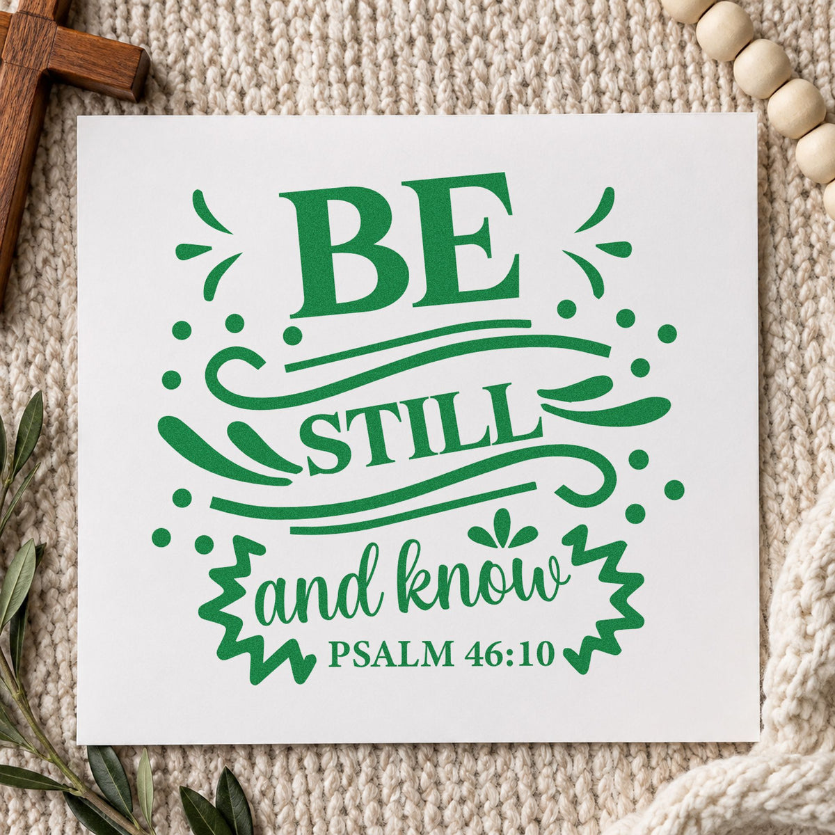 Be Still and Know Flourishes craft stamp imprint in green ink on a handmade project, one idea being spa gift tags.
