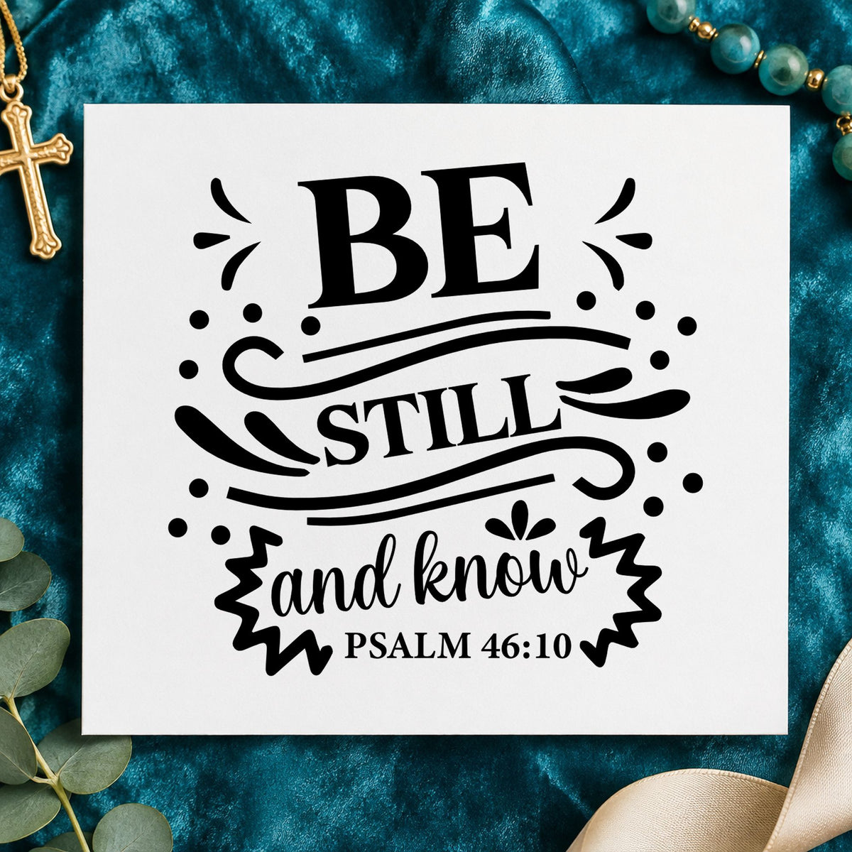Be Still and Know Flourishes rubber stamp printed in black ink, ready for banner still cards and similar paper crafts.