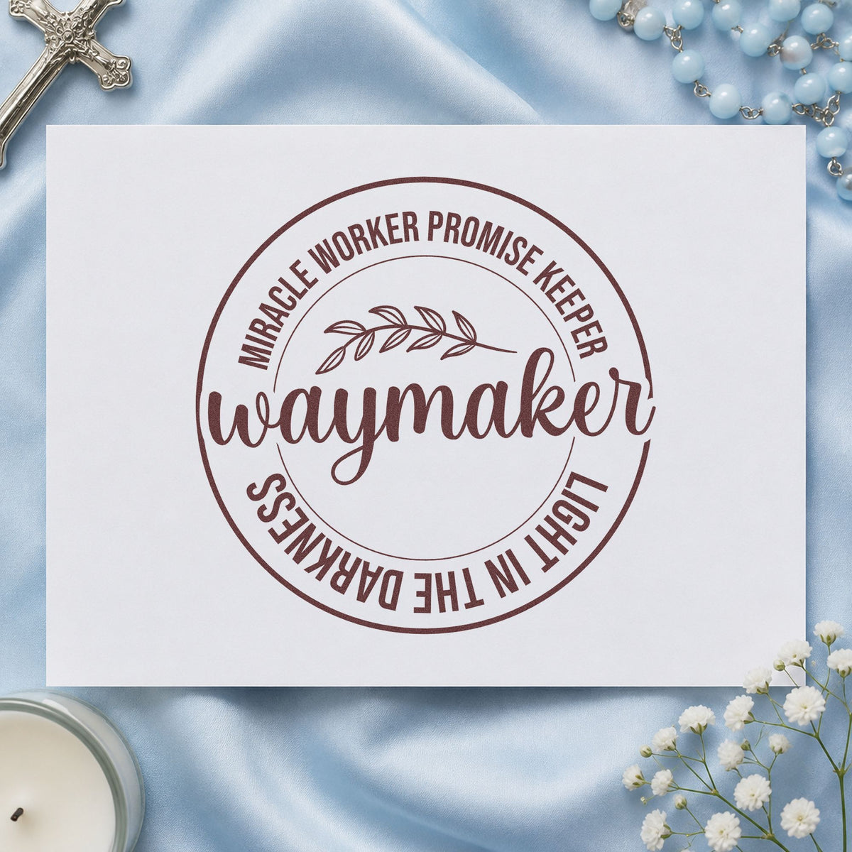Waymaker Leaf Badge rubber stamp printed in brown ink, ready for breakthrough pages and similar paper crafts.