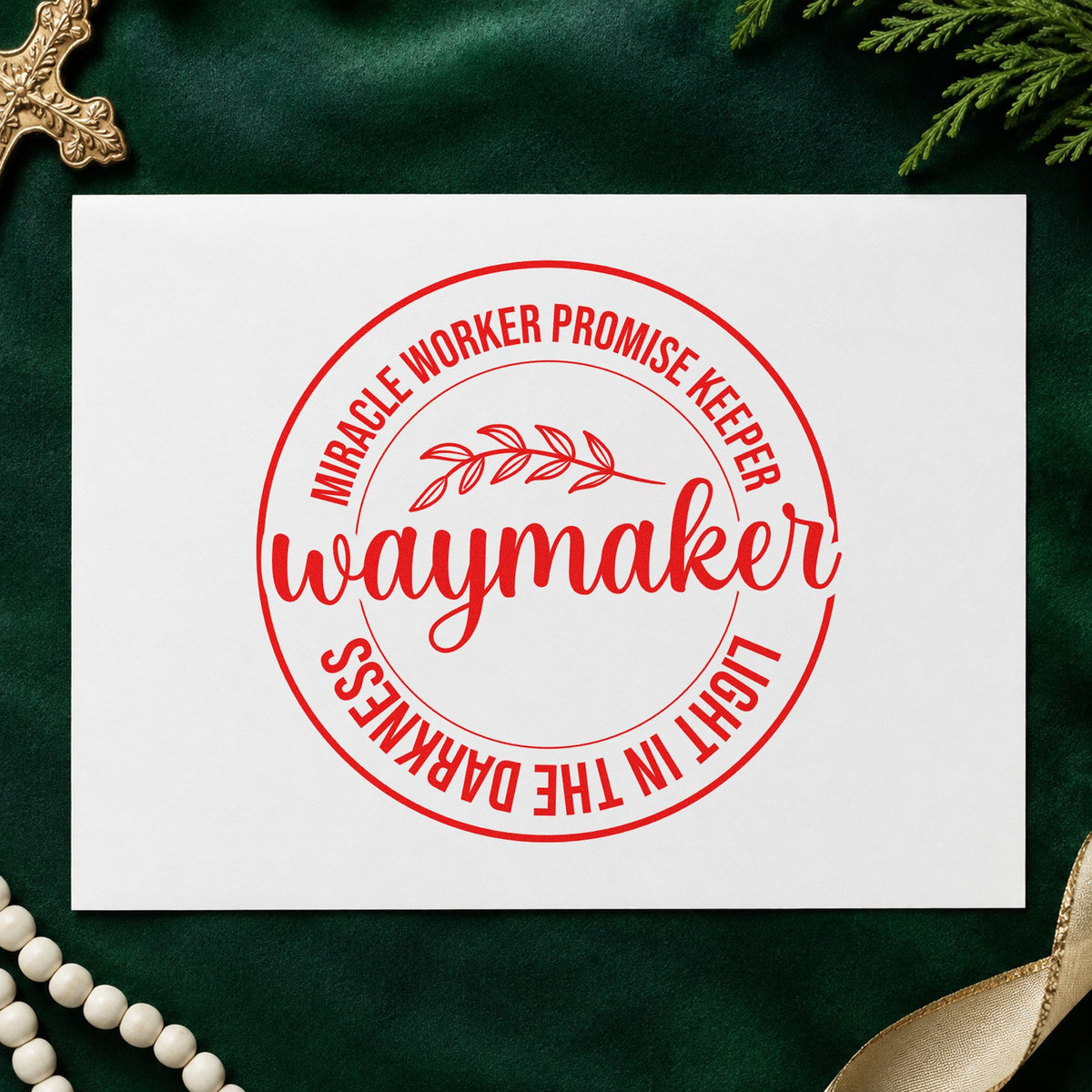 Waymaker Leaf Badge rubber stamp shown in red ink, stamped for projects such as moving day cards.