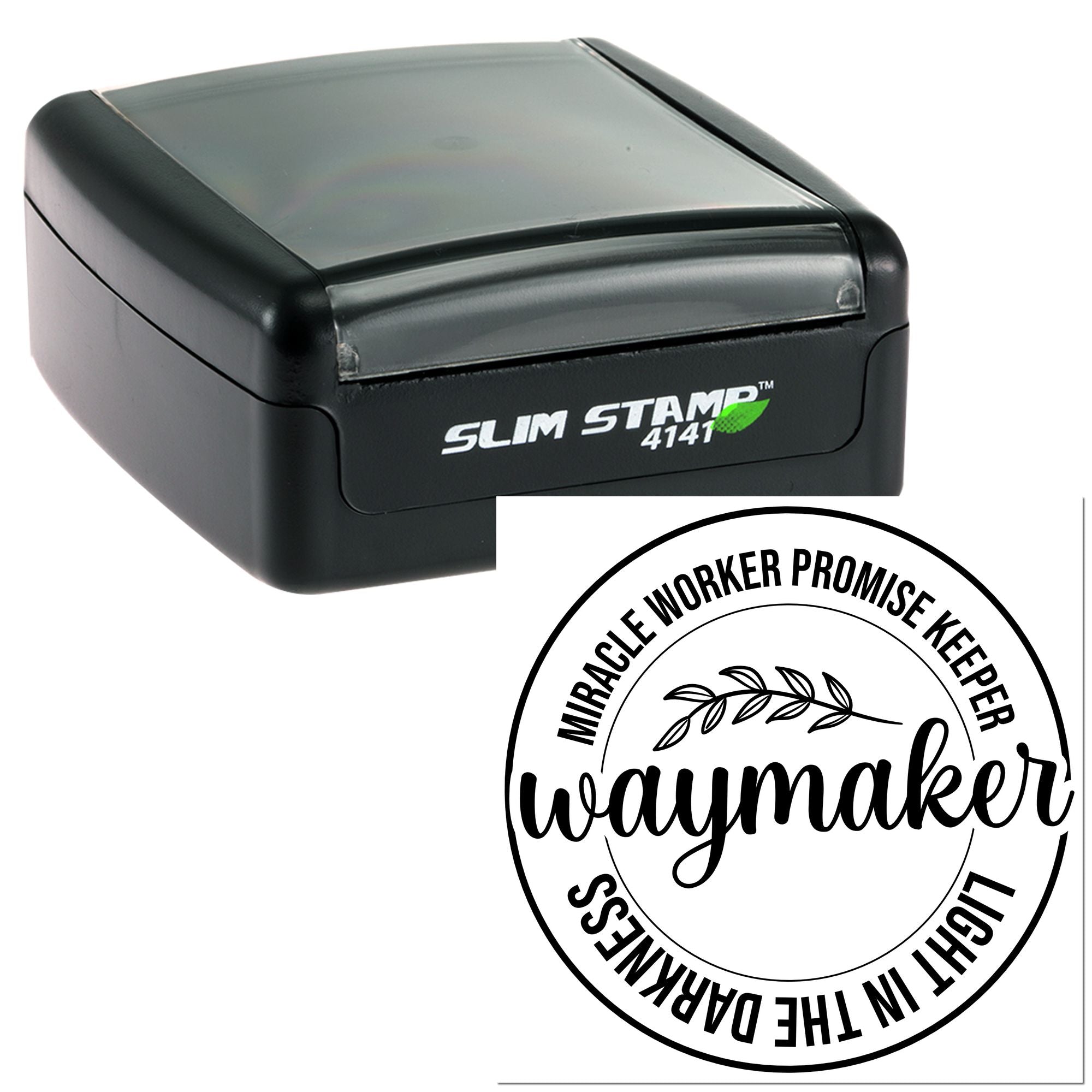 Self-inking rubber stamp with custom Waymaker faith design and circular Miracle Worker, Promise Keeper, Light in the Darkness text.