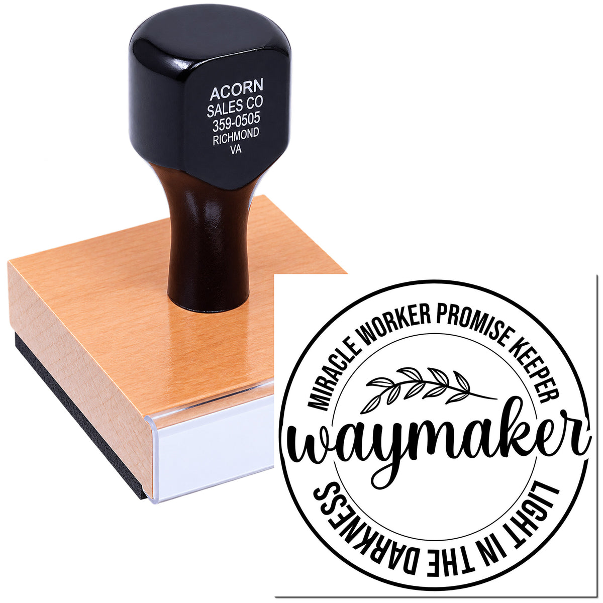 Custom rubber stamp with Waymaker faith logo design for Christian branding, church merchandise, and handmade gifts.