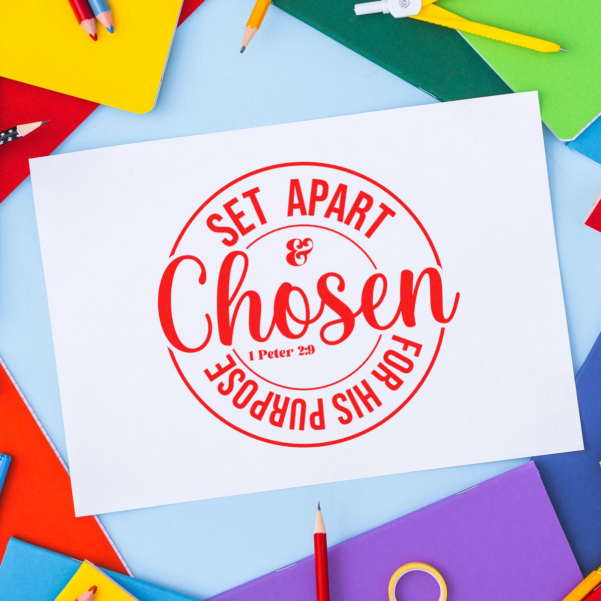 Chosen Set Apart Circle rubber stamp shown in red ink, stamped for projects such as ordination gifts.