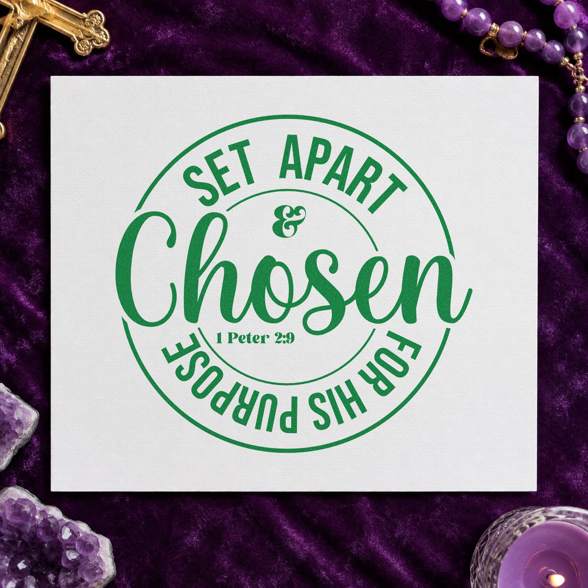 Chosen Set Apart Circle craft stamp imprint in green ink on a handmade project, one idea being missionary send-offs.