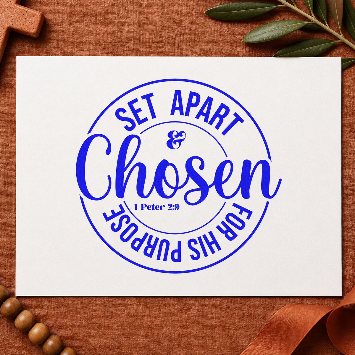 Chosen Set Apart Circle craft stamp in blue ink on cardstock, an easy option for round label seals.