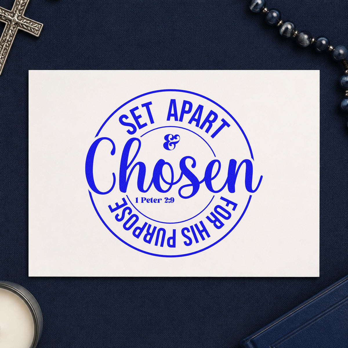 Chosen Set Apart Circle craft stamp imprinted in blue ink on paper, a design suited to canvas totes.