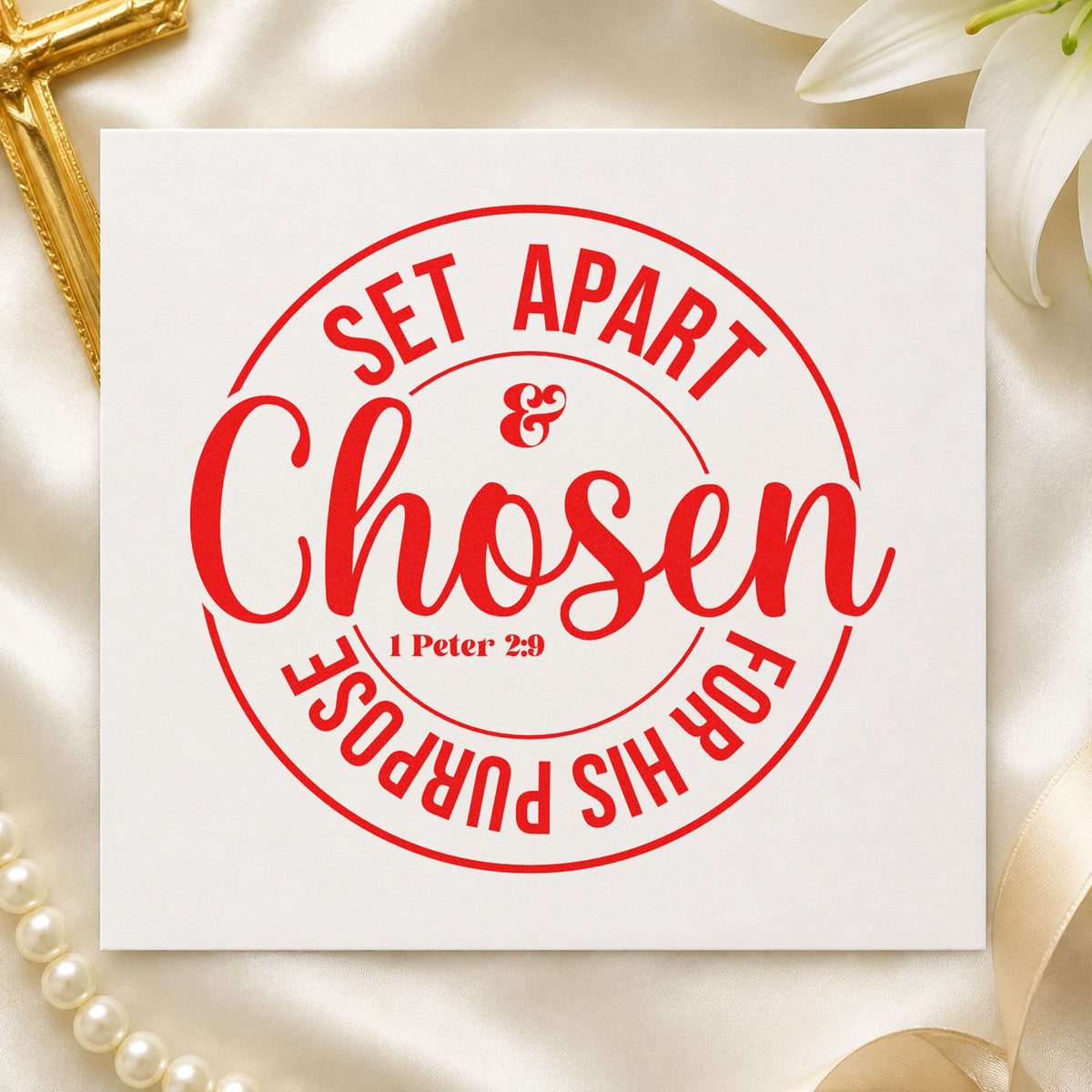 Chosen Set Apart Circle rubber stamp shown in red ink, stamped for projects such as confirmation gifts.