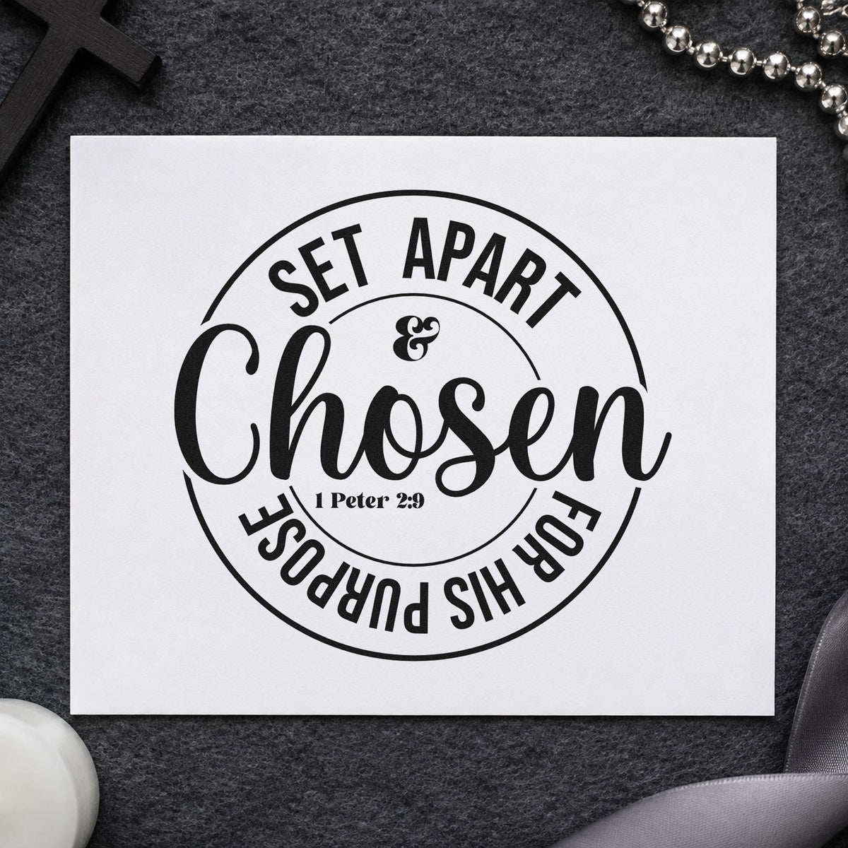 Chosen Set Apart Circle rubber stamp printed in black ink, ready for set apart cards and similar paper crafts.