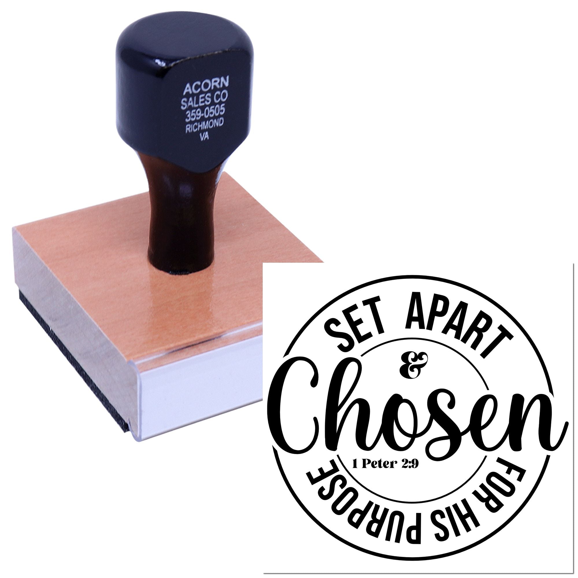 Custom Christian rubber stamp with Set Apart & Chosen design for faith-based crafts, church projects, and branding