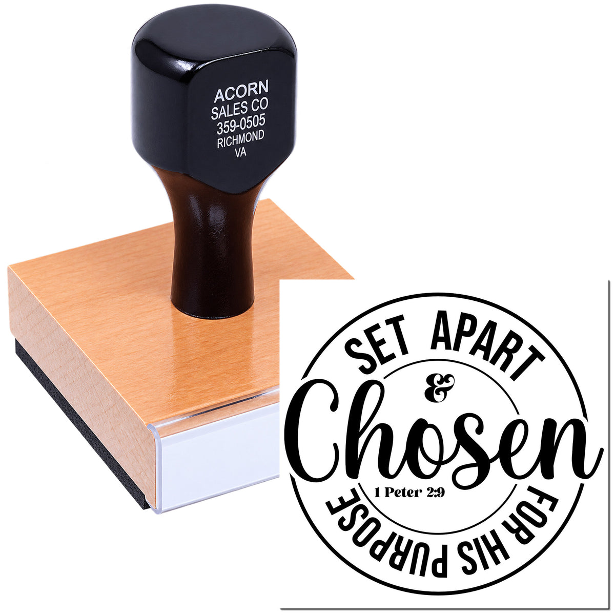 Custom Christian rubber stamp with Set Apart & Chosen design for faith-based crafts, church projects, and branding