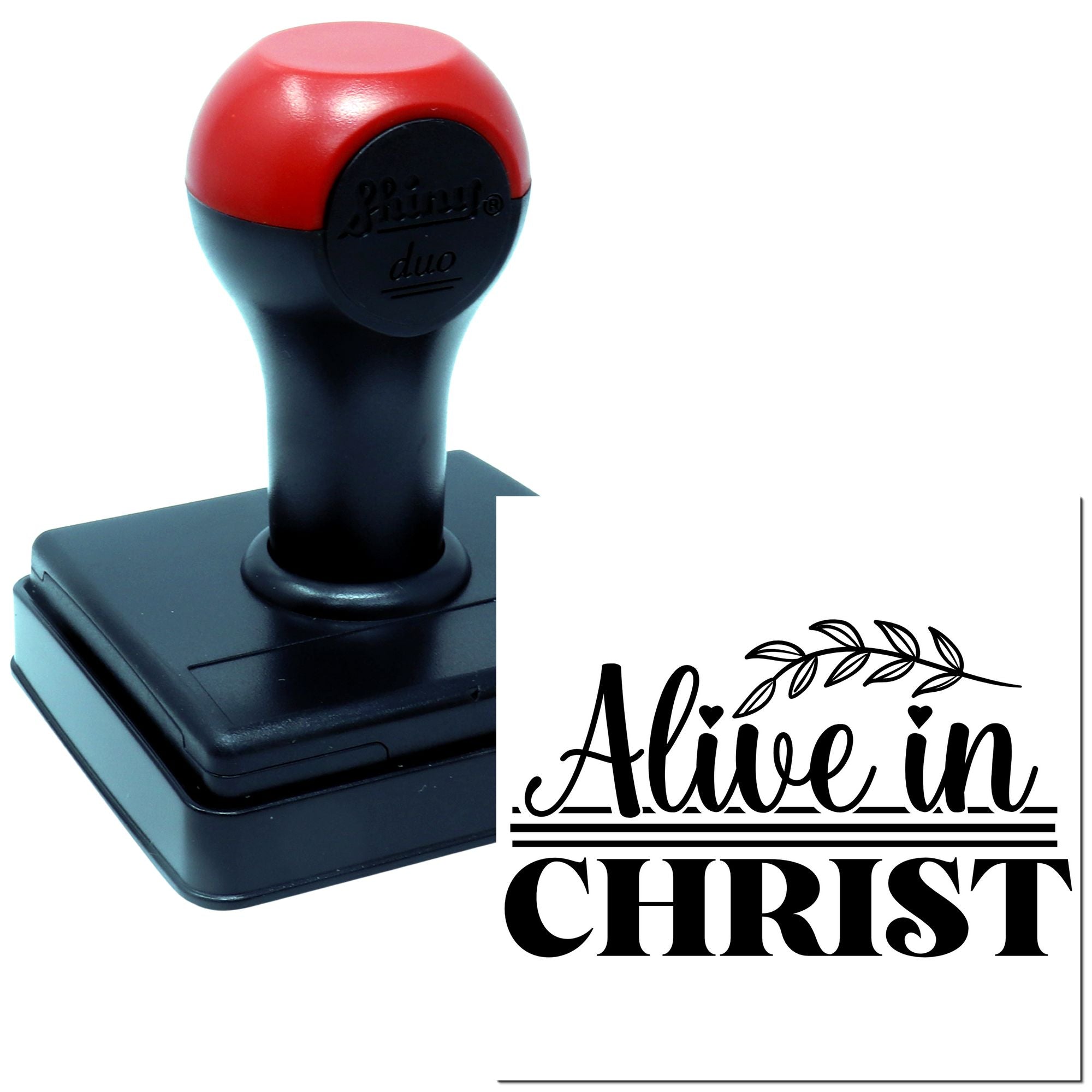 Self-inking Christian rubber stamp with Alive in Christ design for inspirational cards, church crafts, and faith-based projects