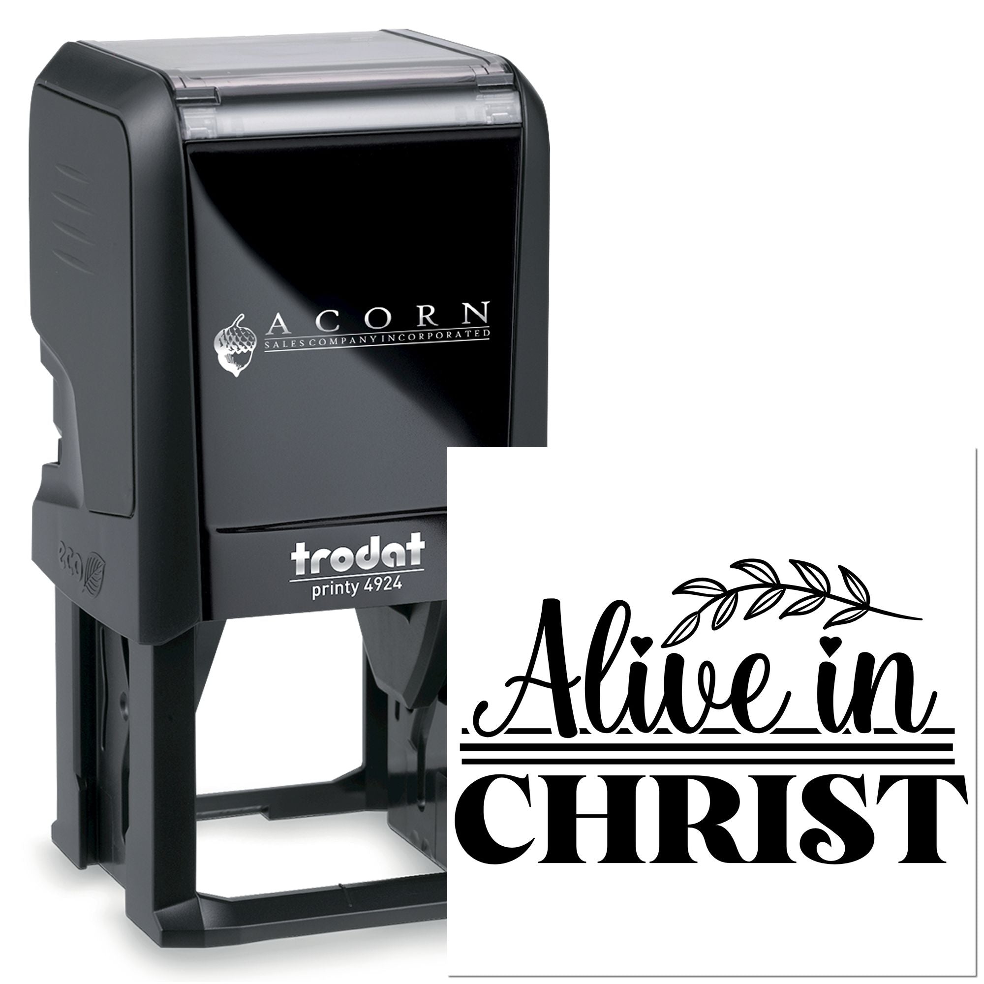 Trodat self-inking rubber stamp with Alive in Christ design for custom Christian crafting and branding.