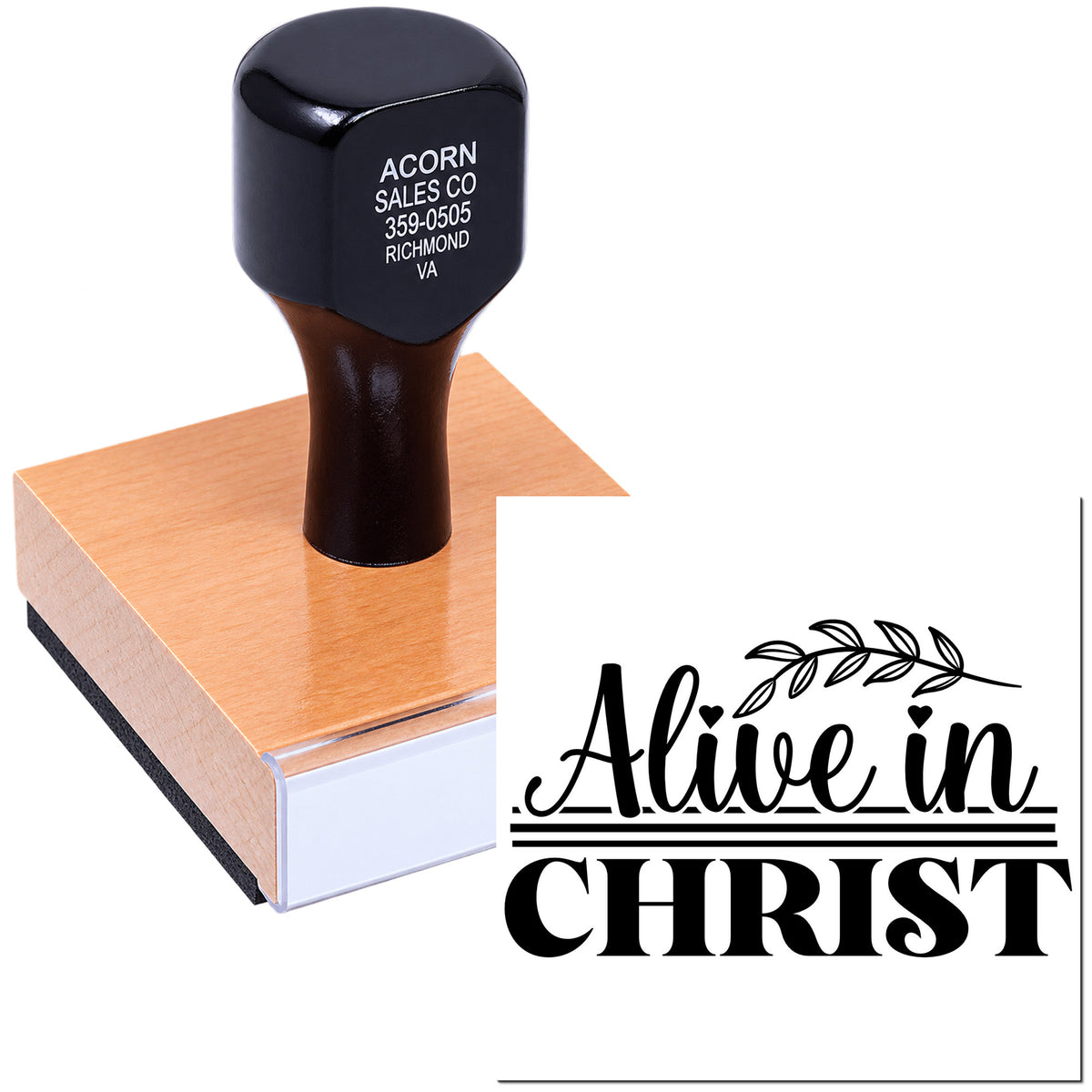 Custom rubber stamp with Alive in Christ design for Christian crafts, church stationery, and faith-based branding.
