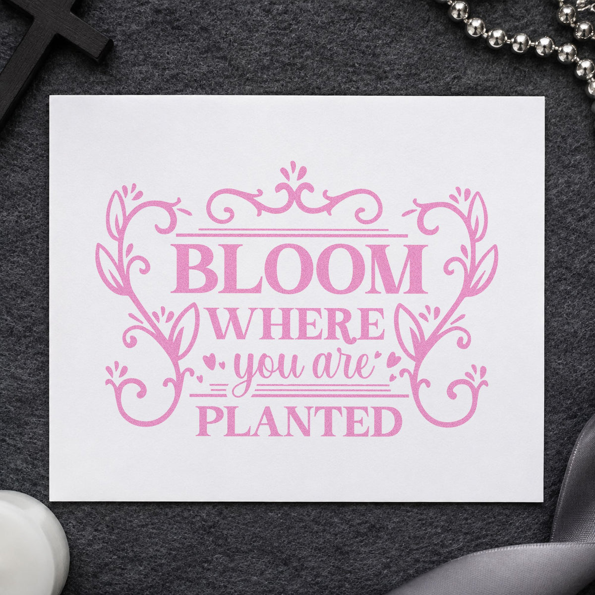 Bloom Where Planted Ornamental craft stamp in purple ink on cardstock, an easy option for new neighbor plants.