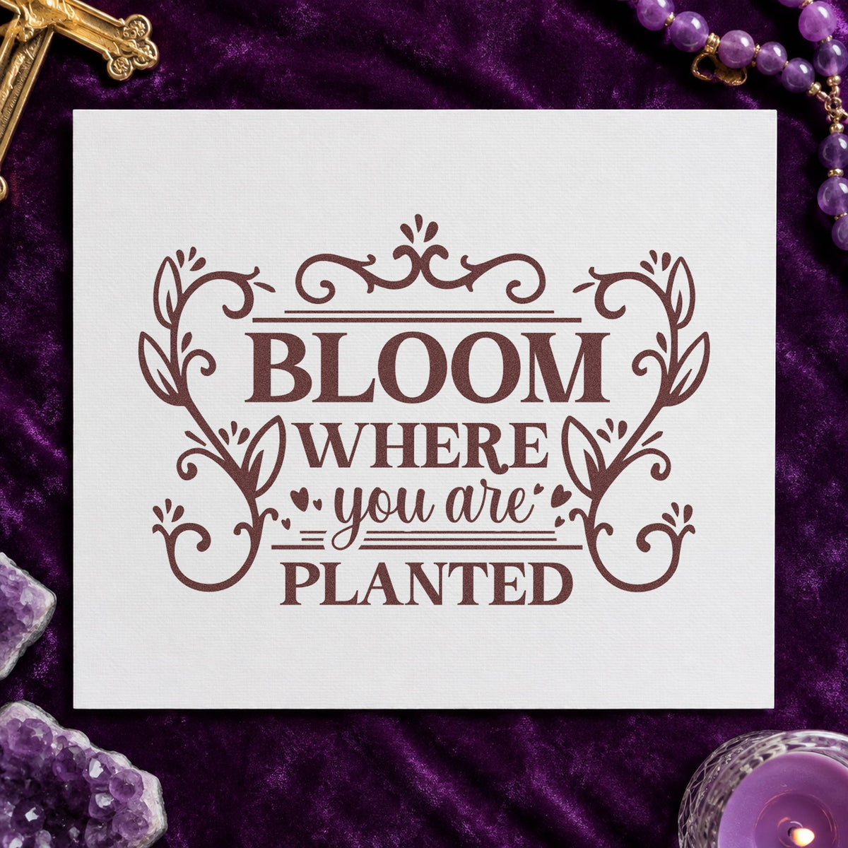 Bloom Where Planted Ornamental rubber stamp printed in brown ink, ready for new house pages and similar paper crafts.