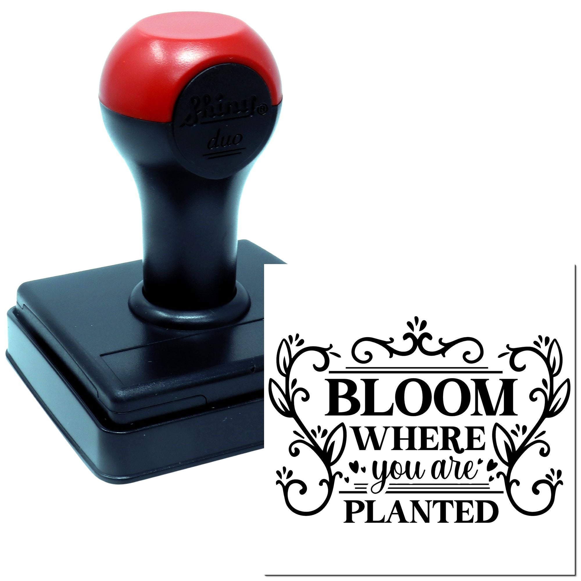 Custom self-inking rubber stamp featuring Bloom Where You Are Planted floral quote for crafts, gardening, and labels.