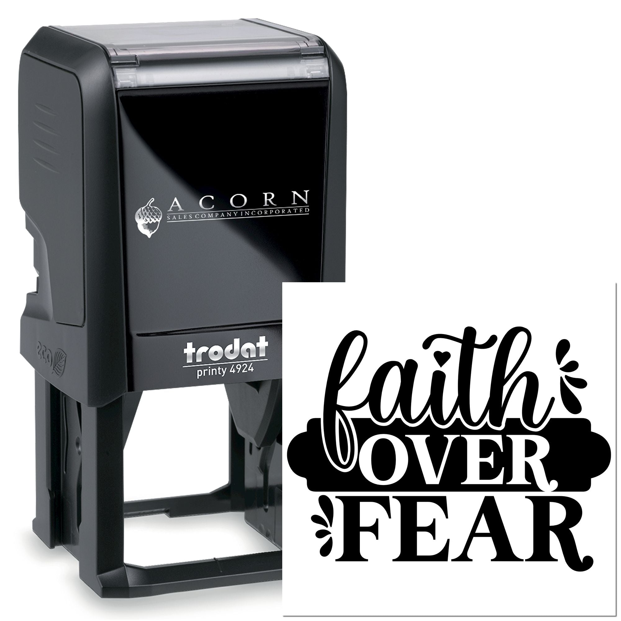 Self-inking rubber stamp with custom Faith Over Fear design for inspirational branding, crafts, and business use.