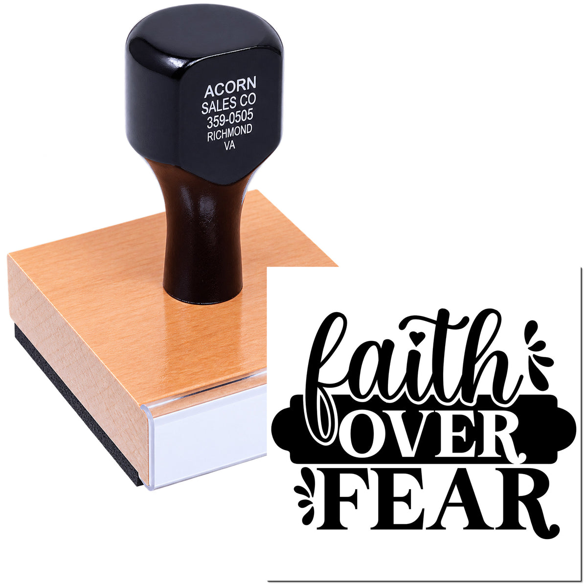 Custom Faith Over Fear rubber stamp with inspirational script design for Bible journaling, crafts, cards, and packaging.