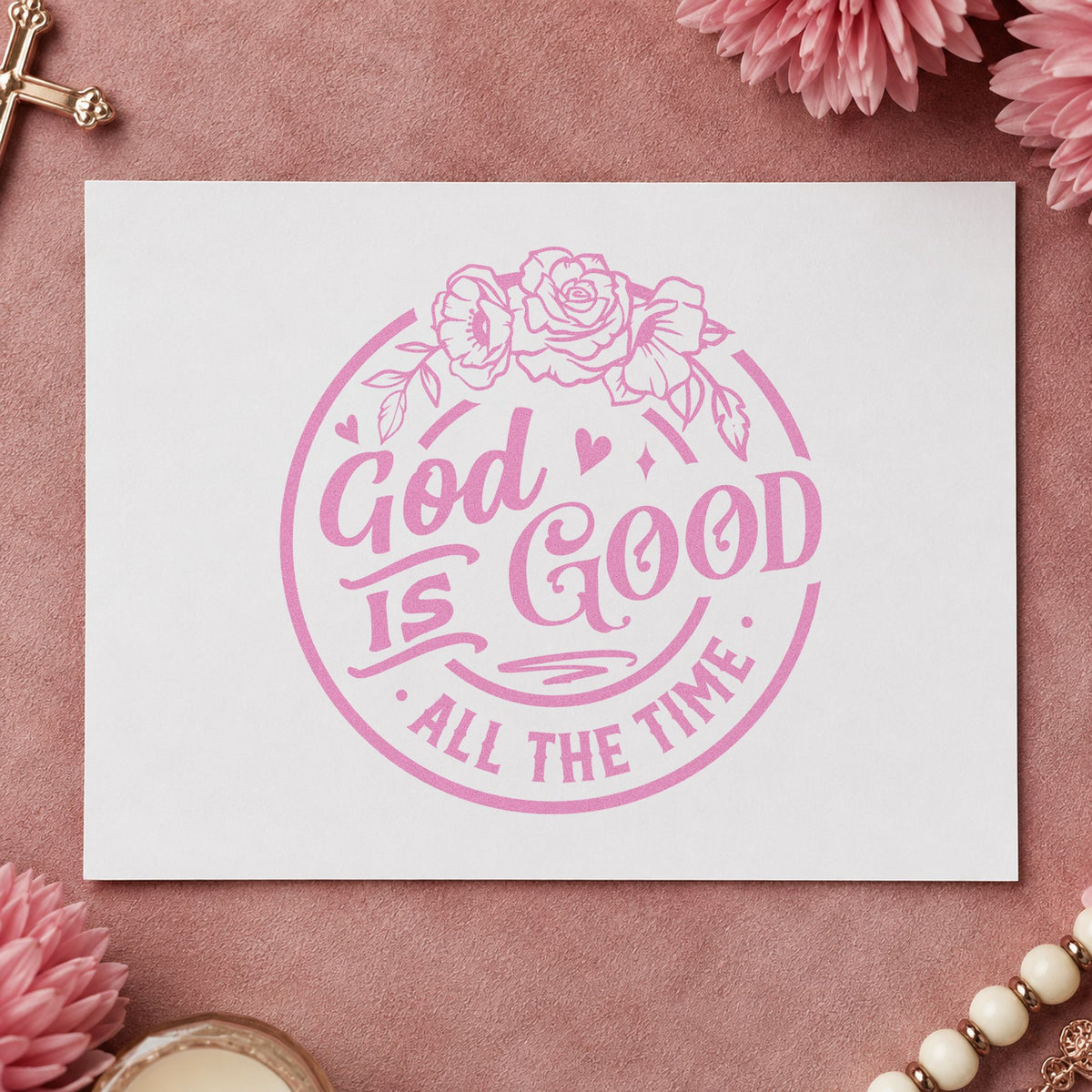 God Is Good Floral Badge craft stamp in purple ink on cardstock, an easy option for potluck labels.