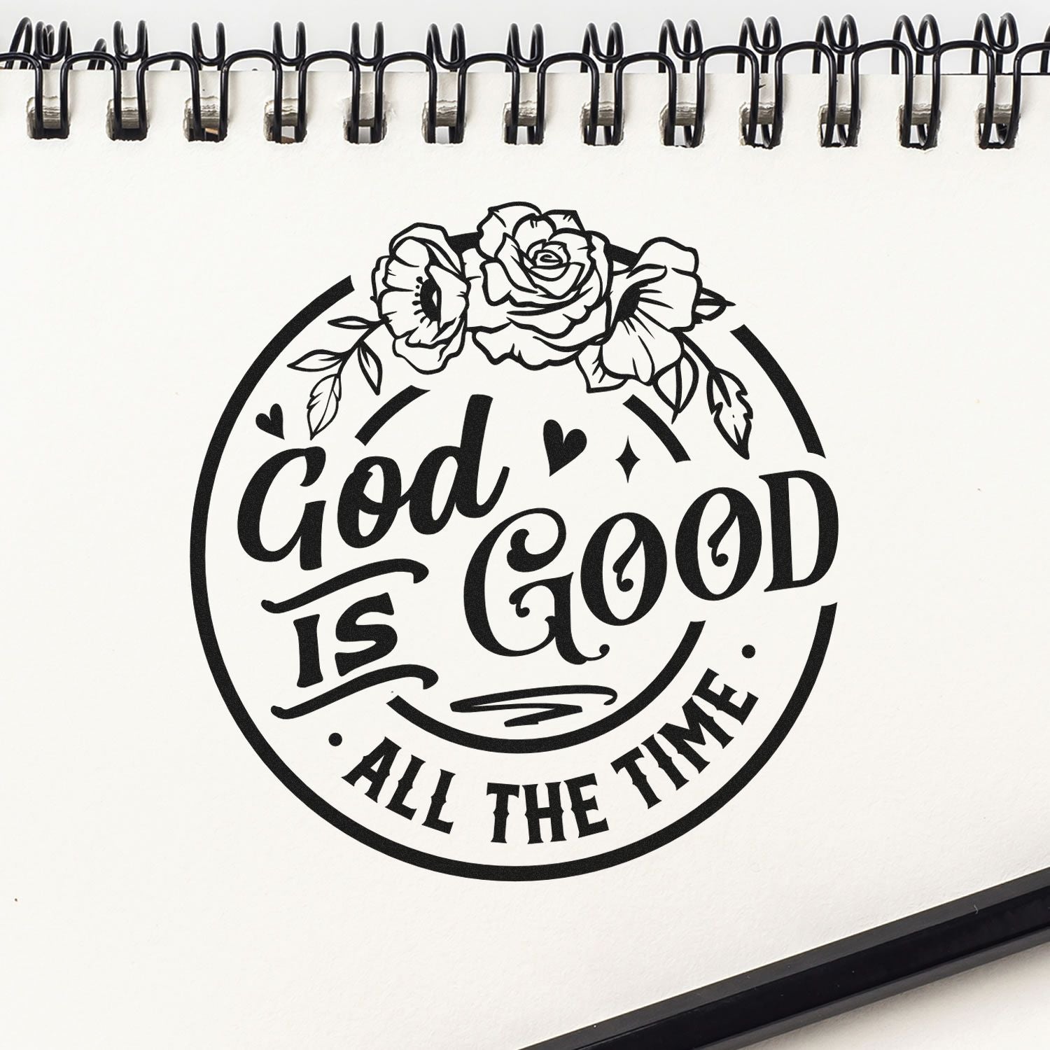 Floral God Is Good All the Time rubber stamp design for faith-based crafts and custom religious stationery.