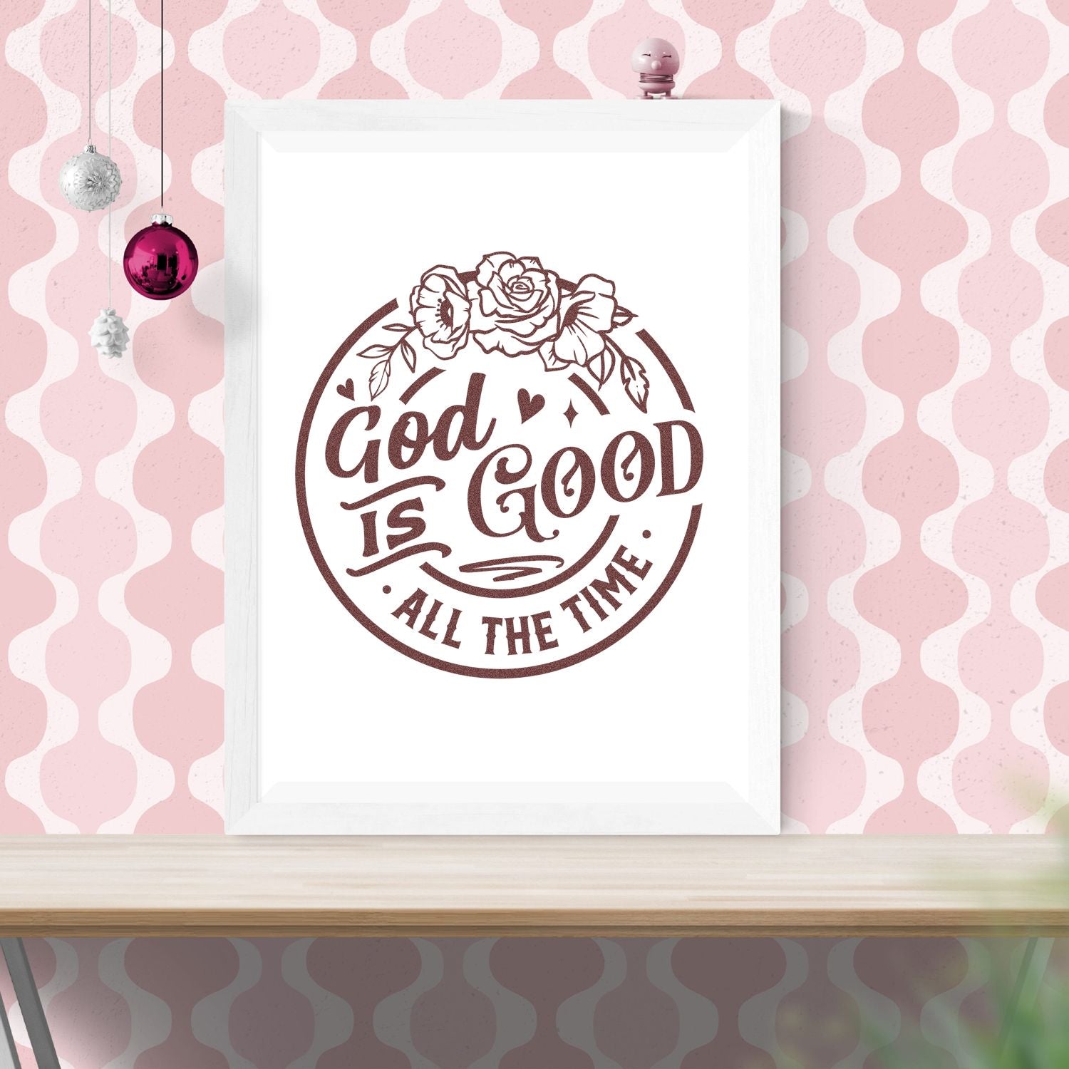 Christian rubber stamp design reading God Is Good All the Time with floral accents, shown in a framed mockup.