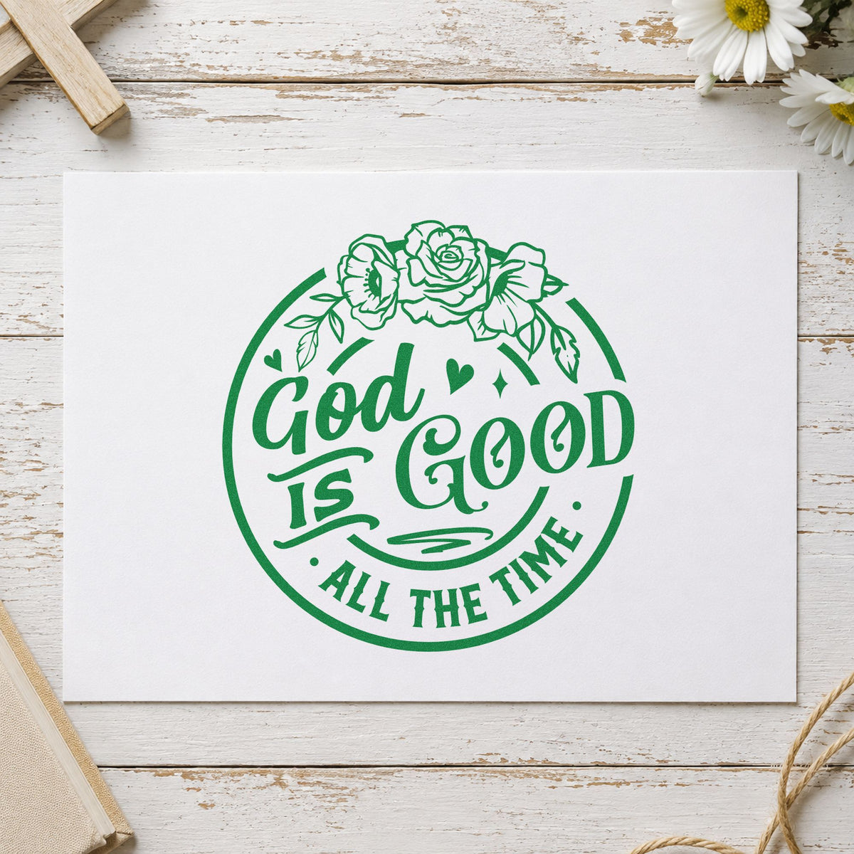 God Is Good Floral Badge craft stamp imprint in green ink on a handmade project, one idea being garden party favors.