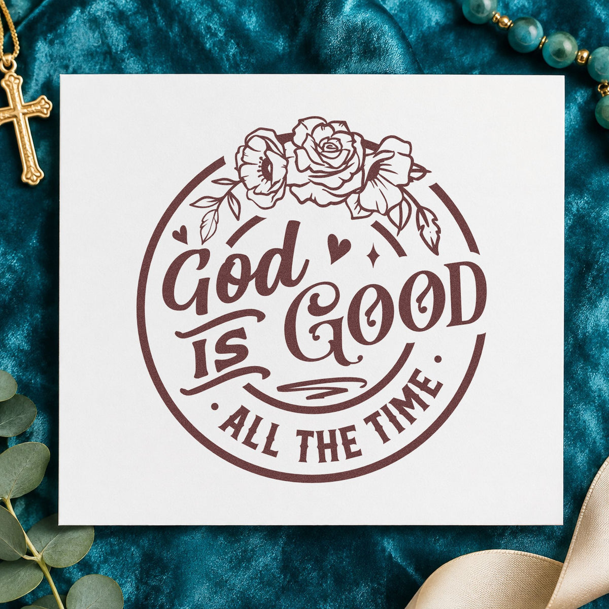 God Is Good Floral Badge rubber stamp printed in brown ink, ready for praise pages and similar paper crafts.