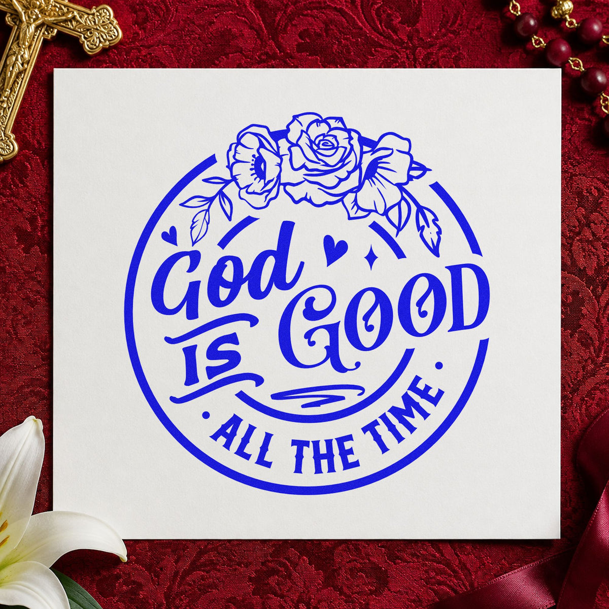 God Is Good Floral Badge craft stamp in blue ink on cardstock, an easy option for round label seals.