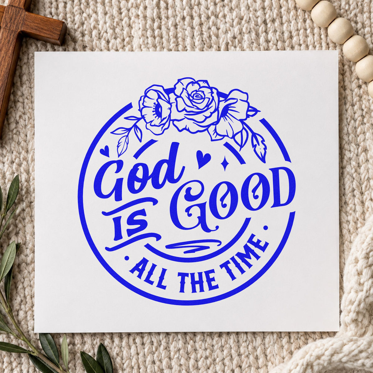 God Is Good Floral Badge craft stamp imprinted in blue ink on paper, a design suited to canvas totes.