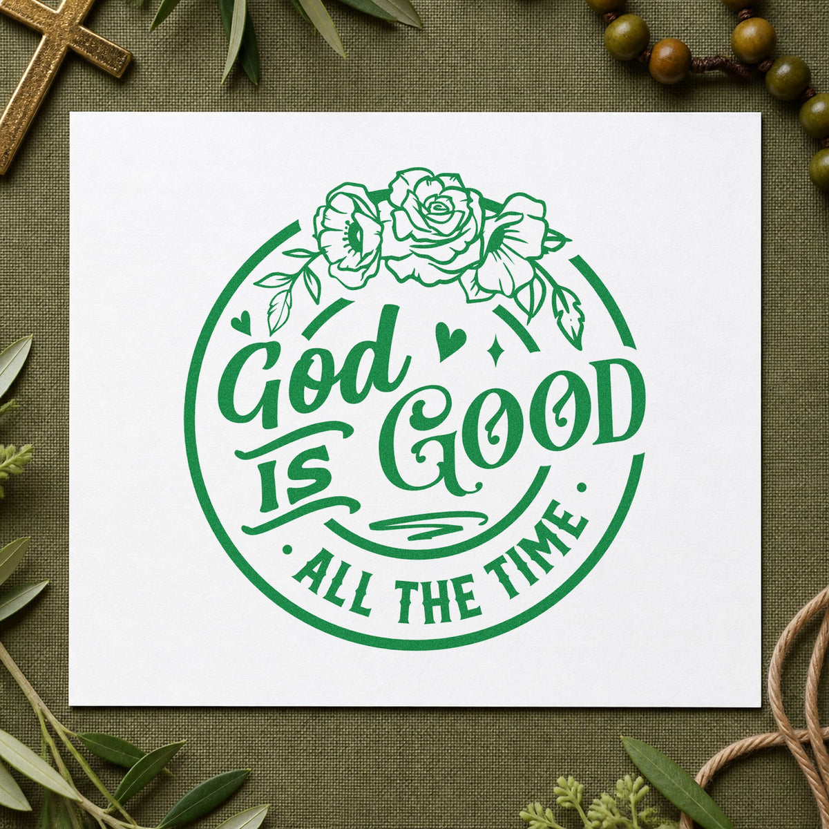 God Is Good Floral Badge craft stamp imprint in green ink on a handmade project, one idea being framed kitchen art.