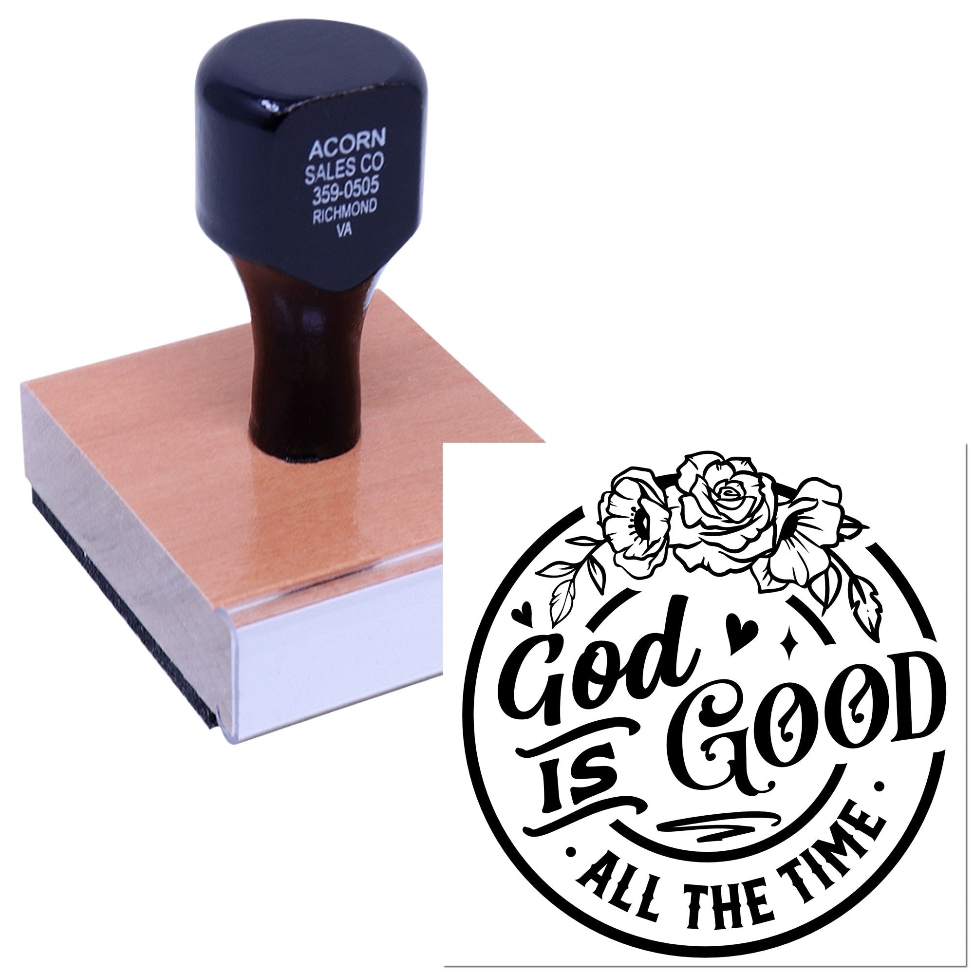 Custom rubber stamp example featuring floral God Is Good All the Time artwork for personalized religious stamping.
