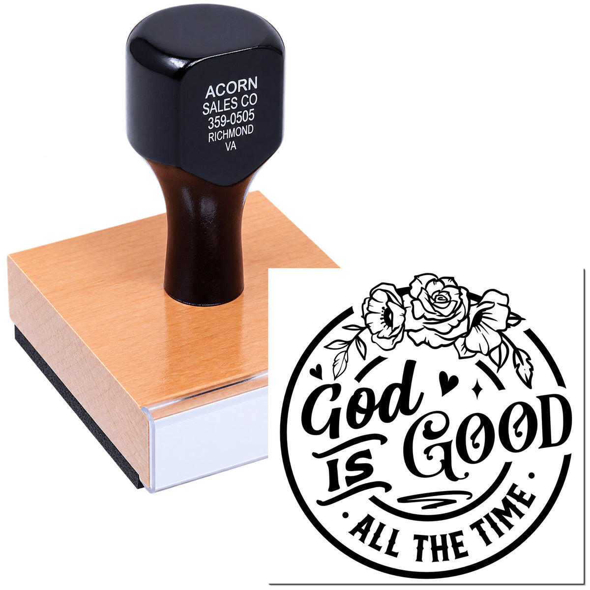 Custom rubber stamp example featuring floral God Is Good All the Time artwork for personalized religious stamping.