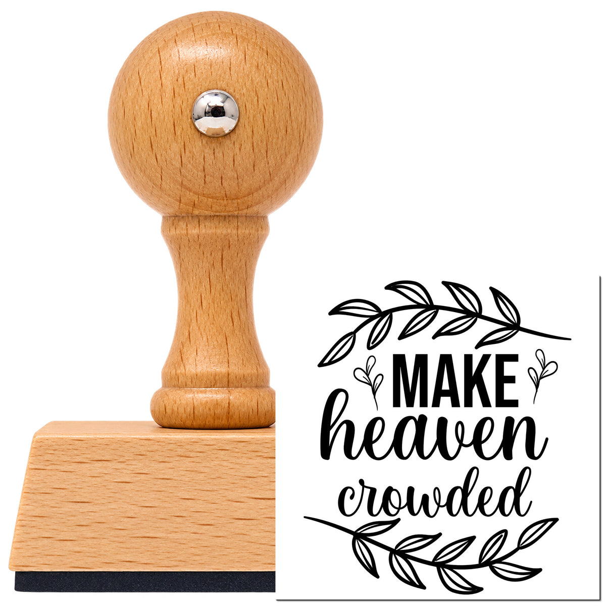 Make Heaven Crowded Leafy Branches Vintage Pro rubber stamp in European beech wood with a round knob handle, shown beside its black imprint.