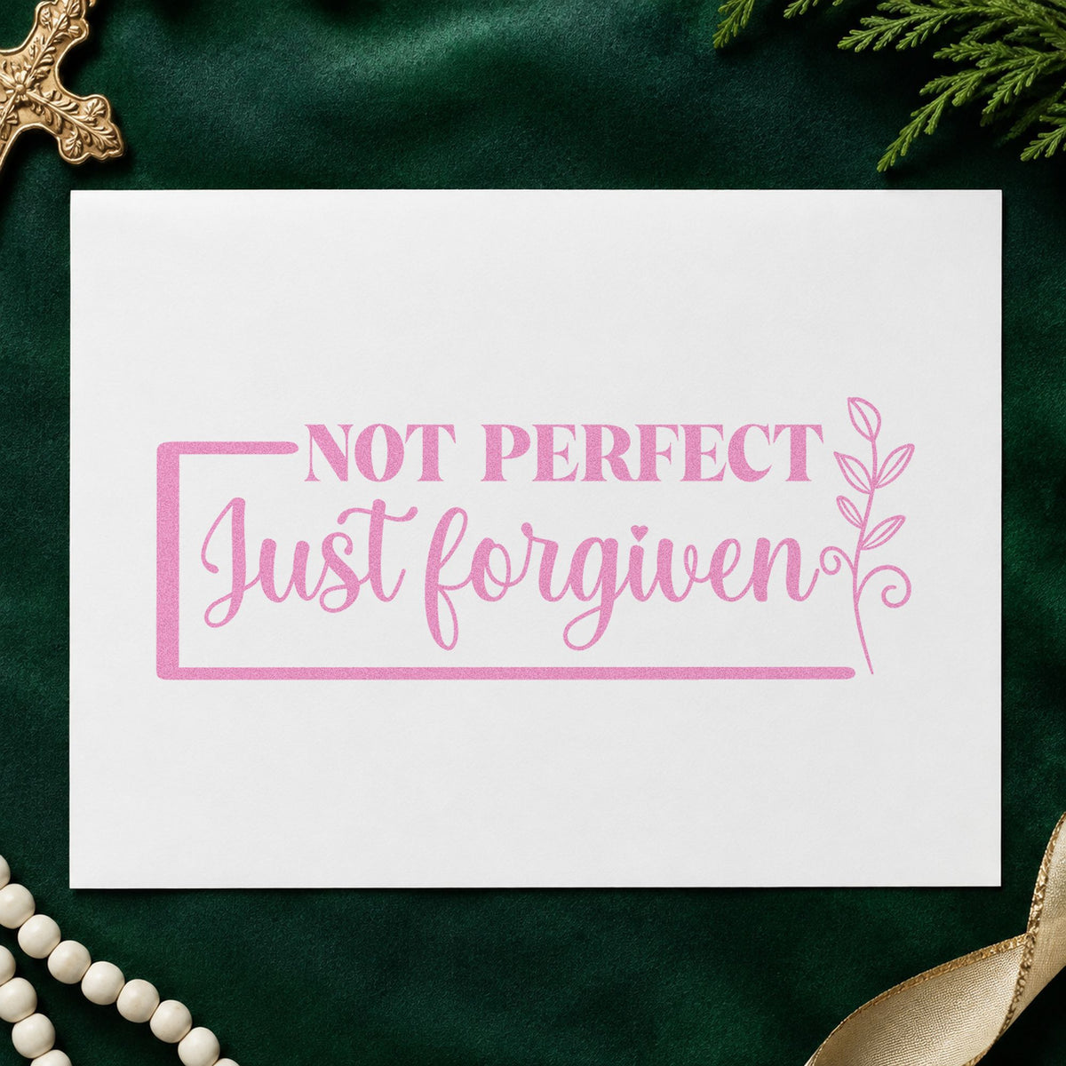 Not Perfect Forgiven Leaf Frame craft stamp in purple ink on cardstock, an easy option for teen journal covers.