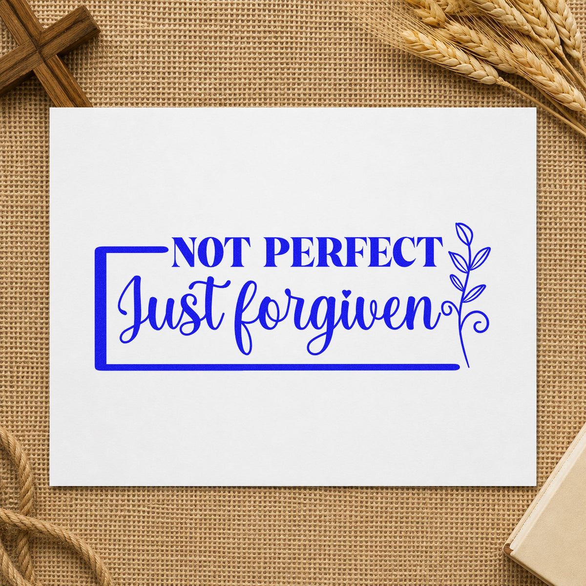 Not Perfect Forgiven Leaf Frame craft stamp in blue ink on cardstock, an easy option for tee transfers.