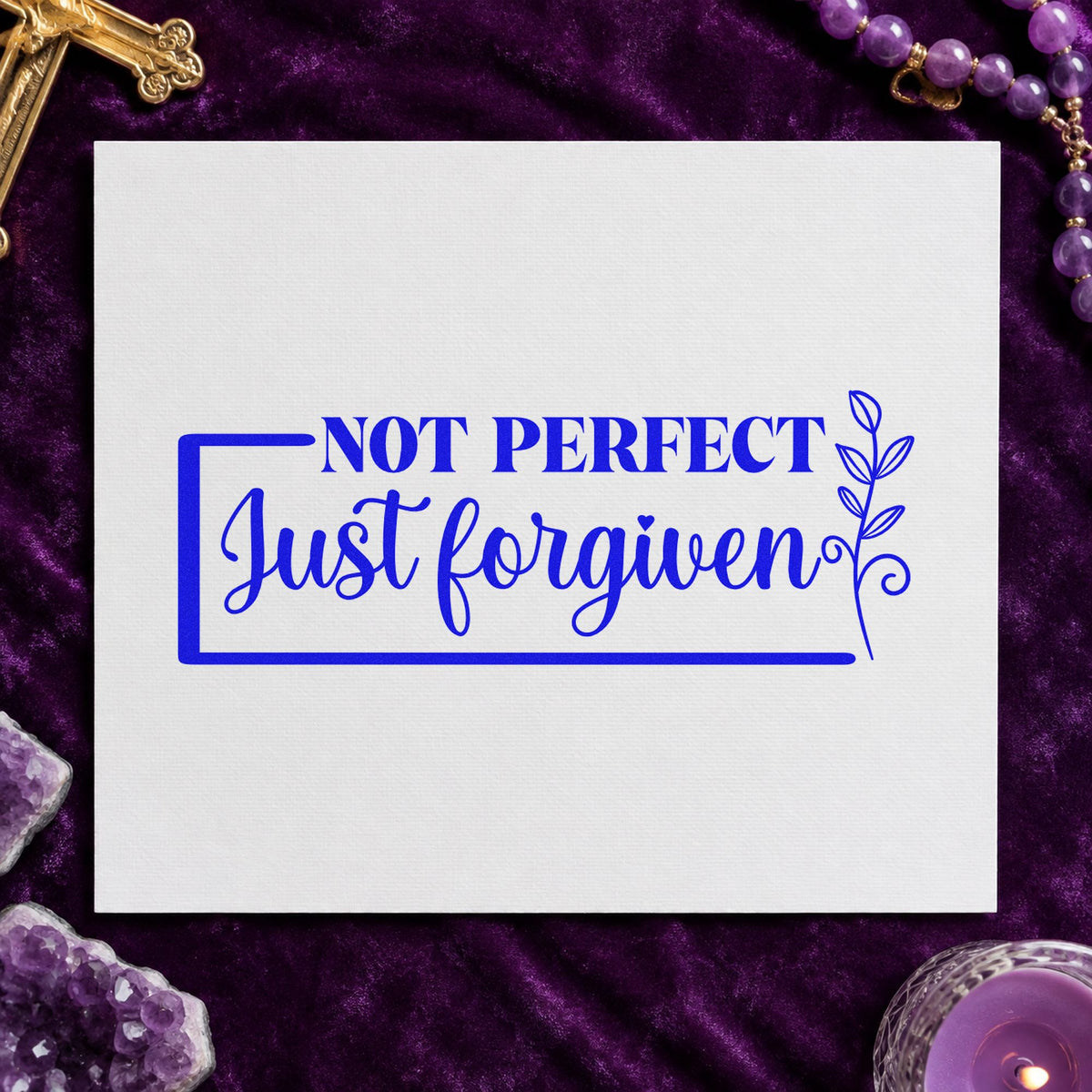 Not Perfect Forgiven Leaf Frame craft stamp imprinted in blue ink on paper, a design suited to reentry welcome kits.